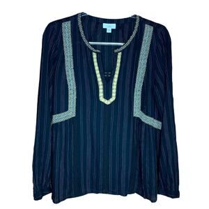 J Jill Womens Small Boho Peasant Blouse Black Embroidered Lace Trim Long Sleeve
